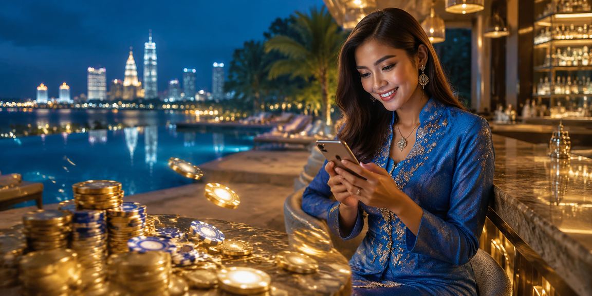 Pengguna wanita dari Seremban membuat deposit untuk tiket loteri menggunakan telefon pintar dengan pakaian tradisional